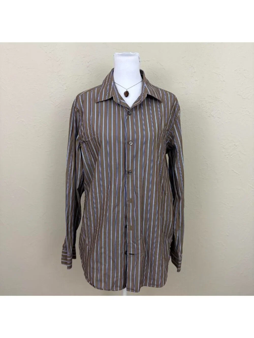 brown blue pinstripe alt emo grunge button down shirt